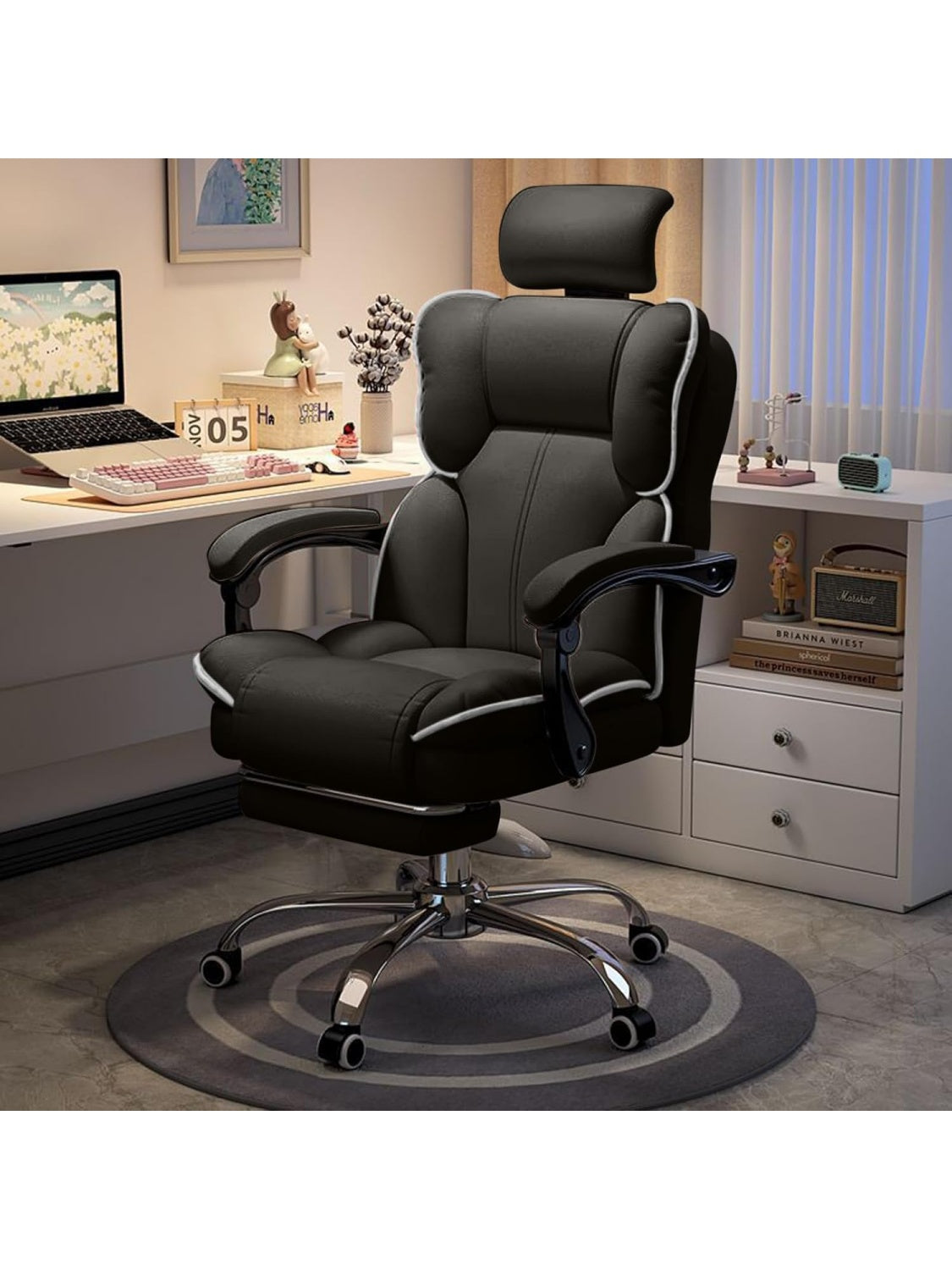 Silla Ejecutiva de Oficina con Respaldo Alto, Reposapies Extensible y Soporte Lumbar Ergonomico
