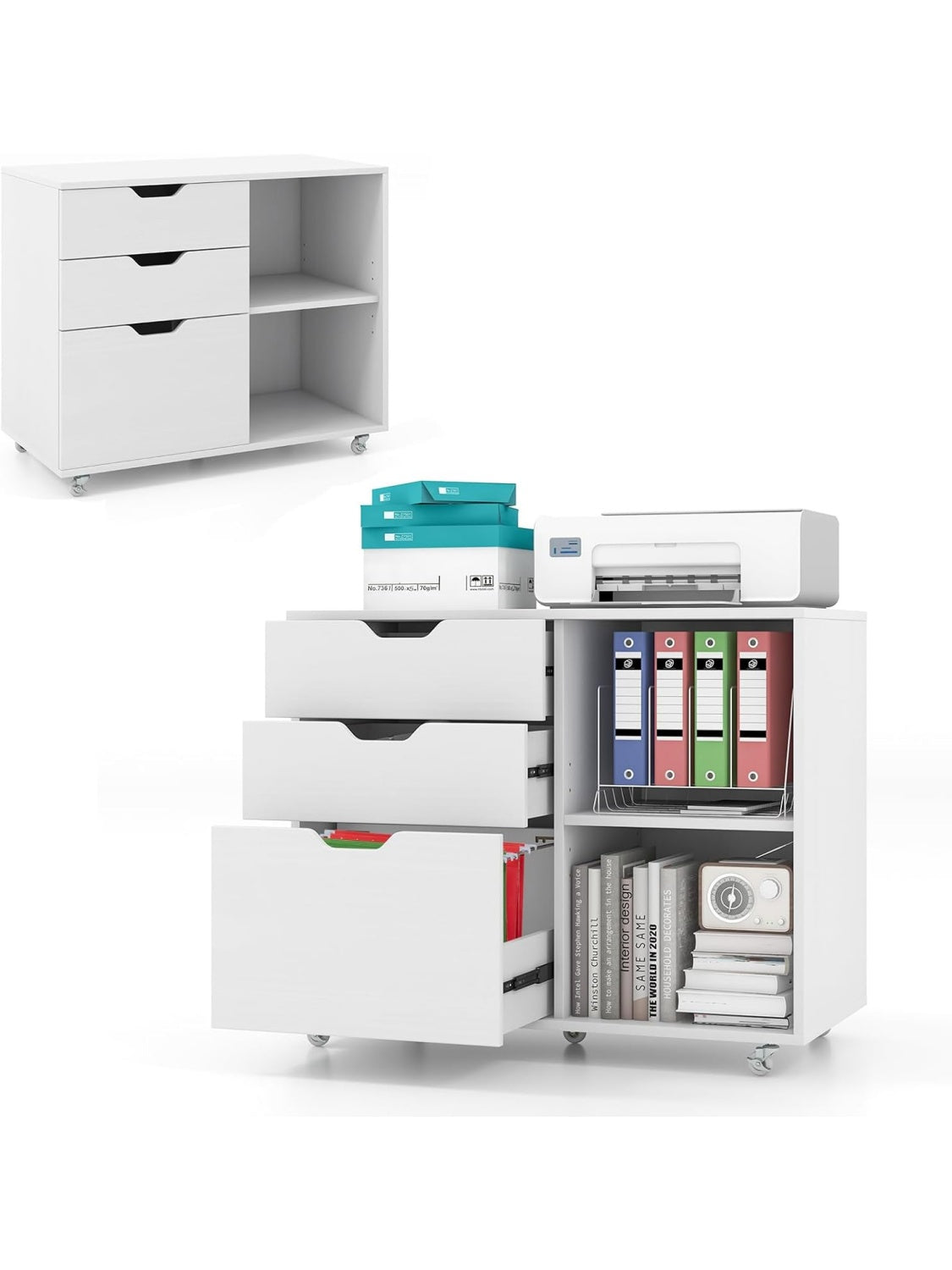 Archivador Movil con Ruedas, 3 Cajones y Estante Regulable para Documentos de Oficina