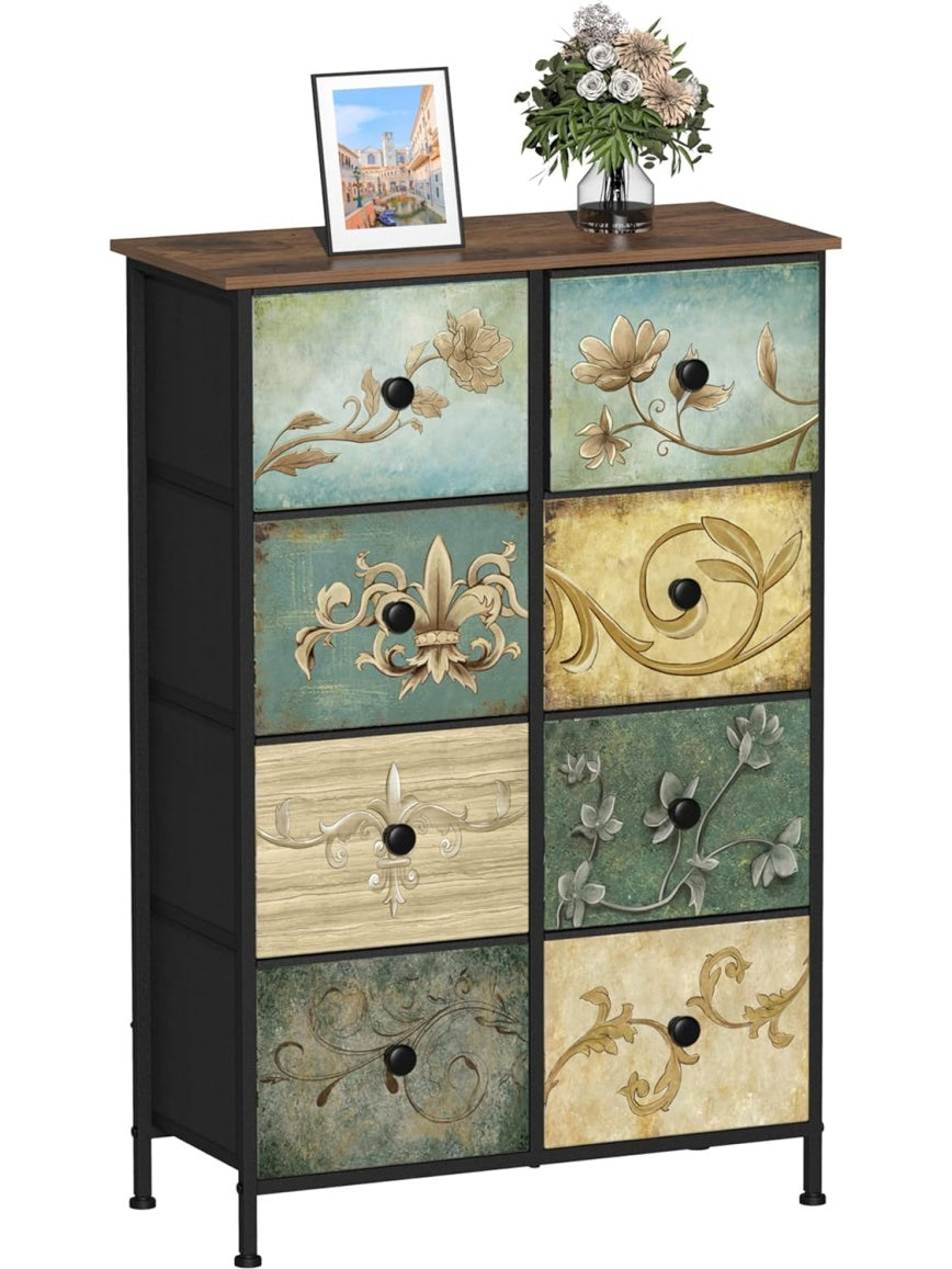 Comoda de ocho cajones con diseno bohemio estructura metalica y cajones de tela organizadores