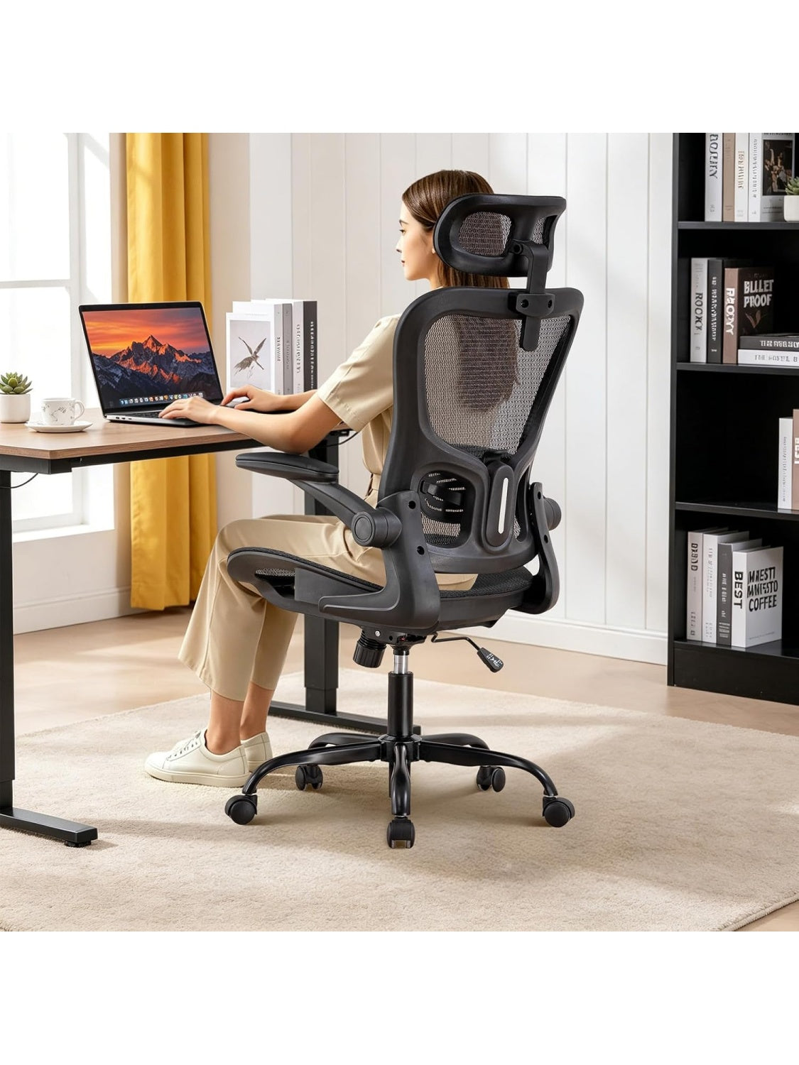 Silla Ergonomica de Escritorio con Respaldo de Malla Transpirable, Reposacabezas Ajustable y Soporte Lumbar