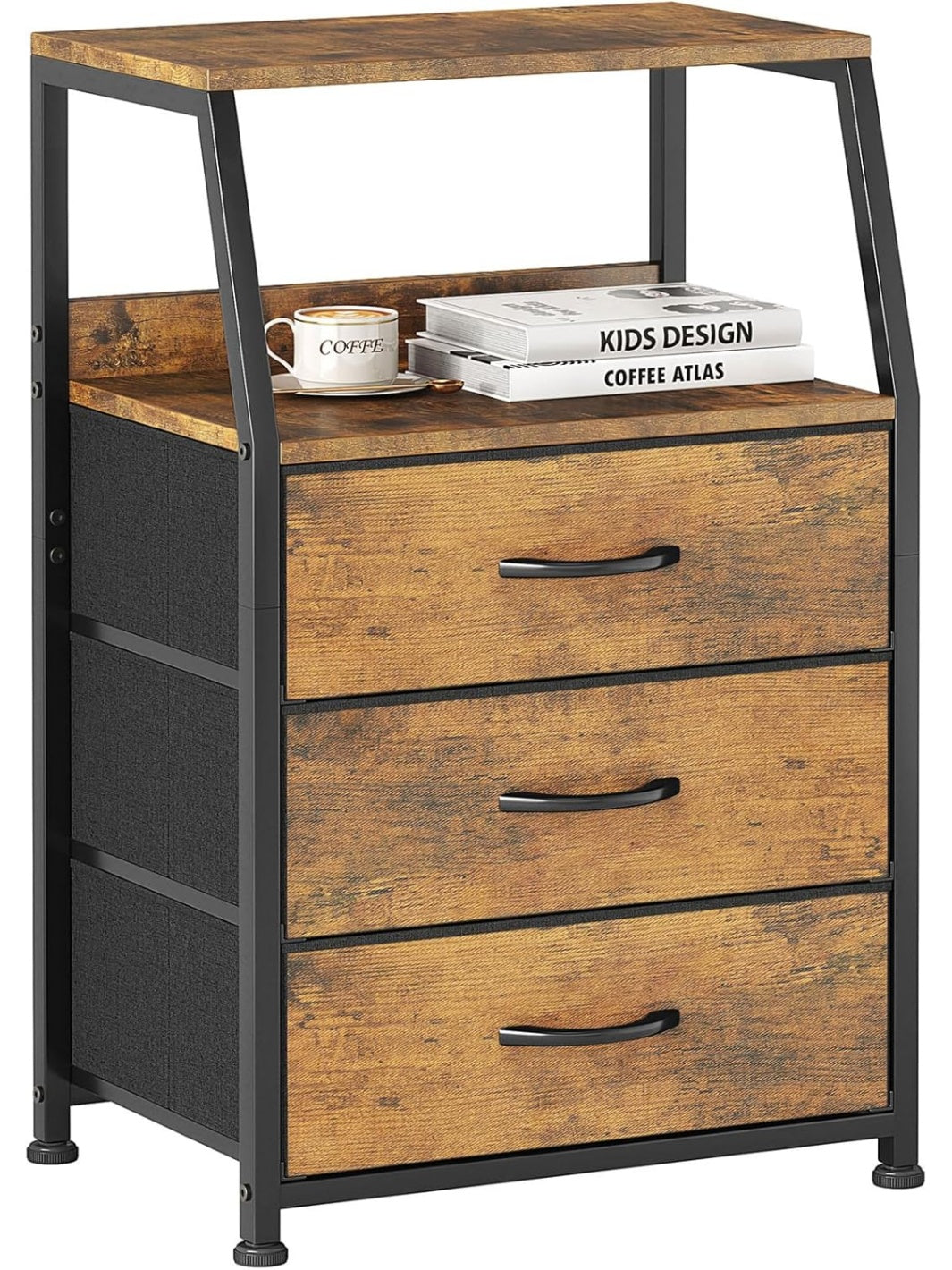 Comoda de dormitorio con tres cajones y diseno estable para almacenamiento auxiliar